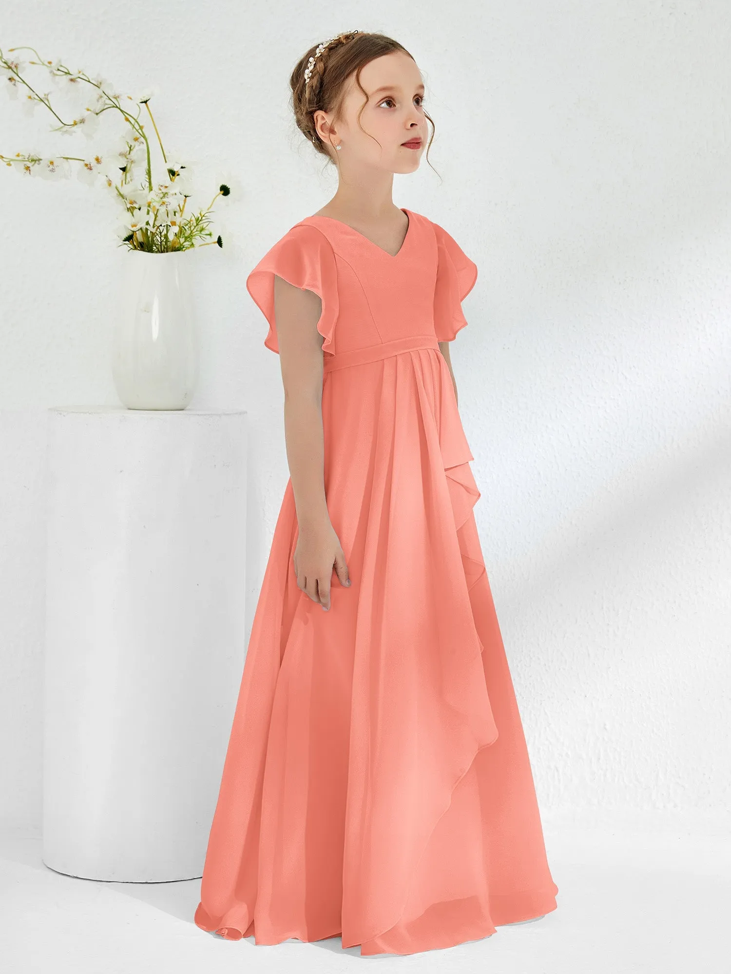 A-line Flutter Sleeves Junior Bridesmaid Dresses Sunset