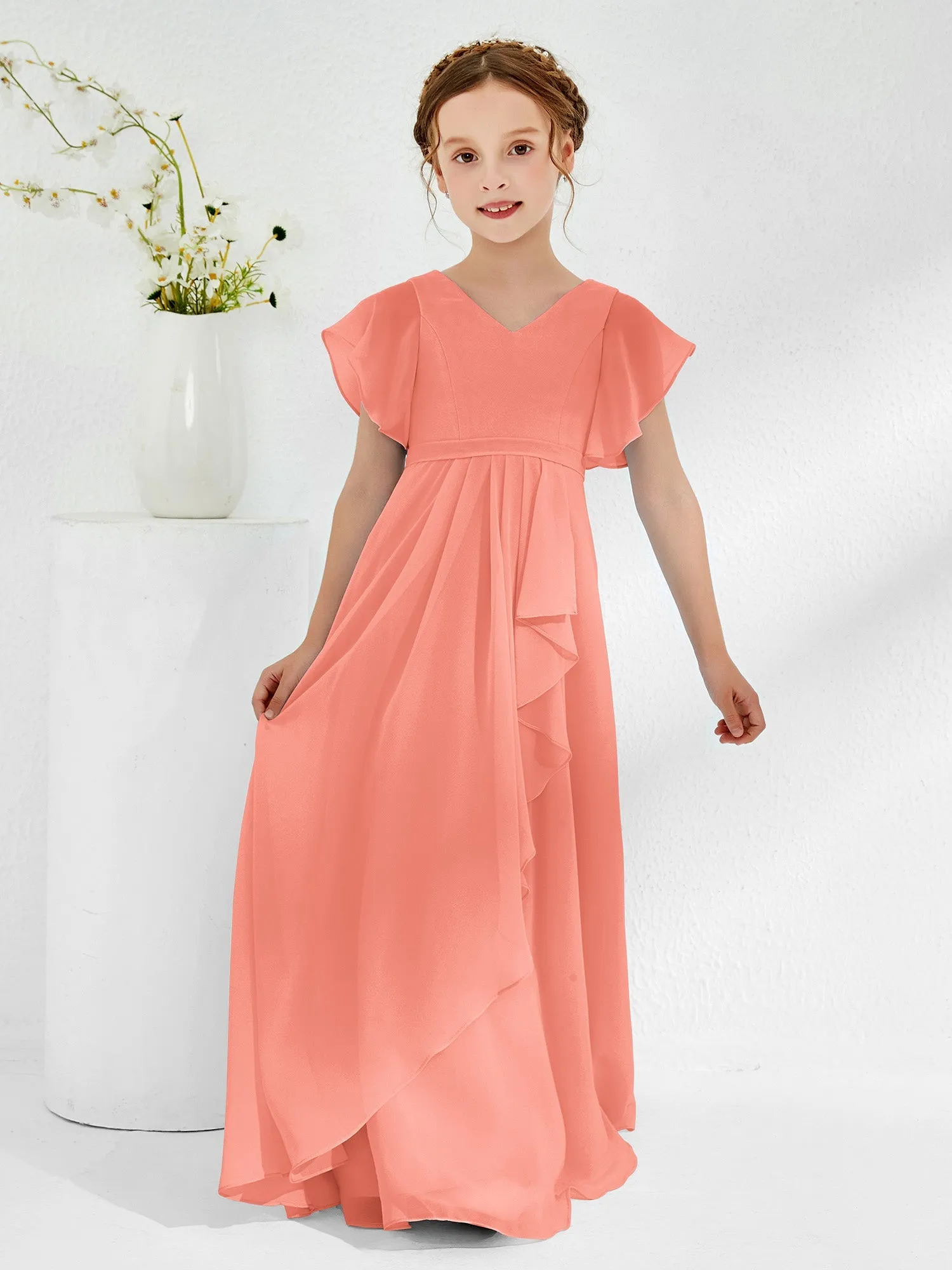 A-line Flutter Sleeves Junior Bridesmaid Dresses Sunset