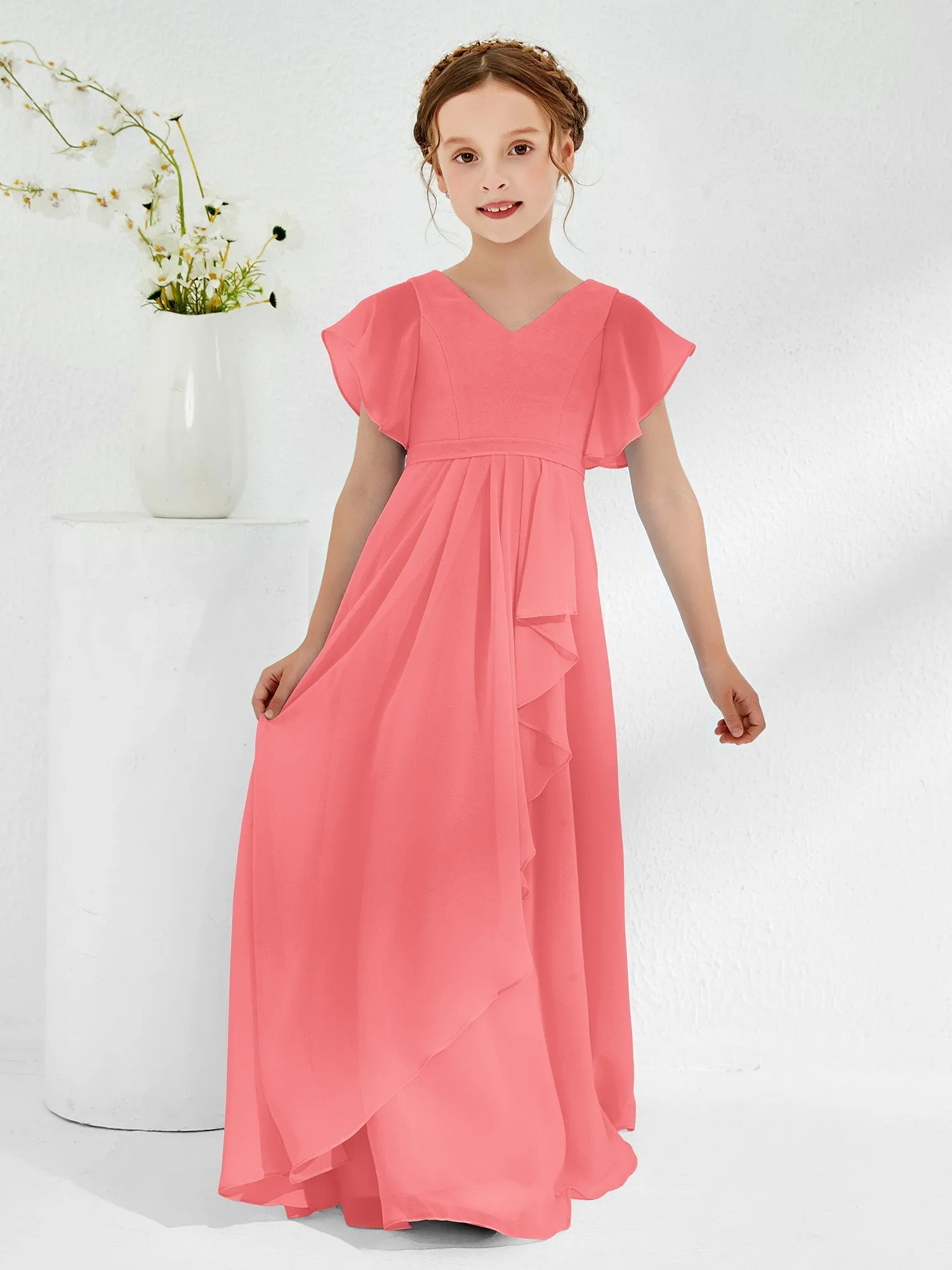 A-line Flutter Sleeves Junior Bridesmaid Dresses Watermelon