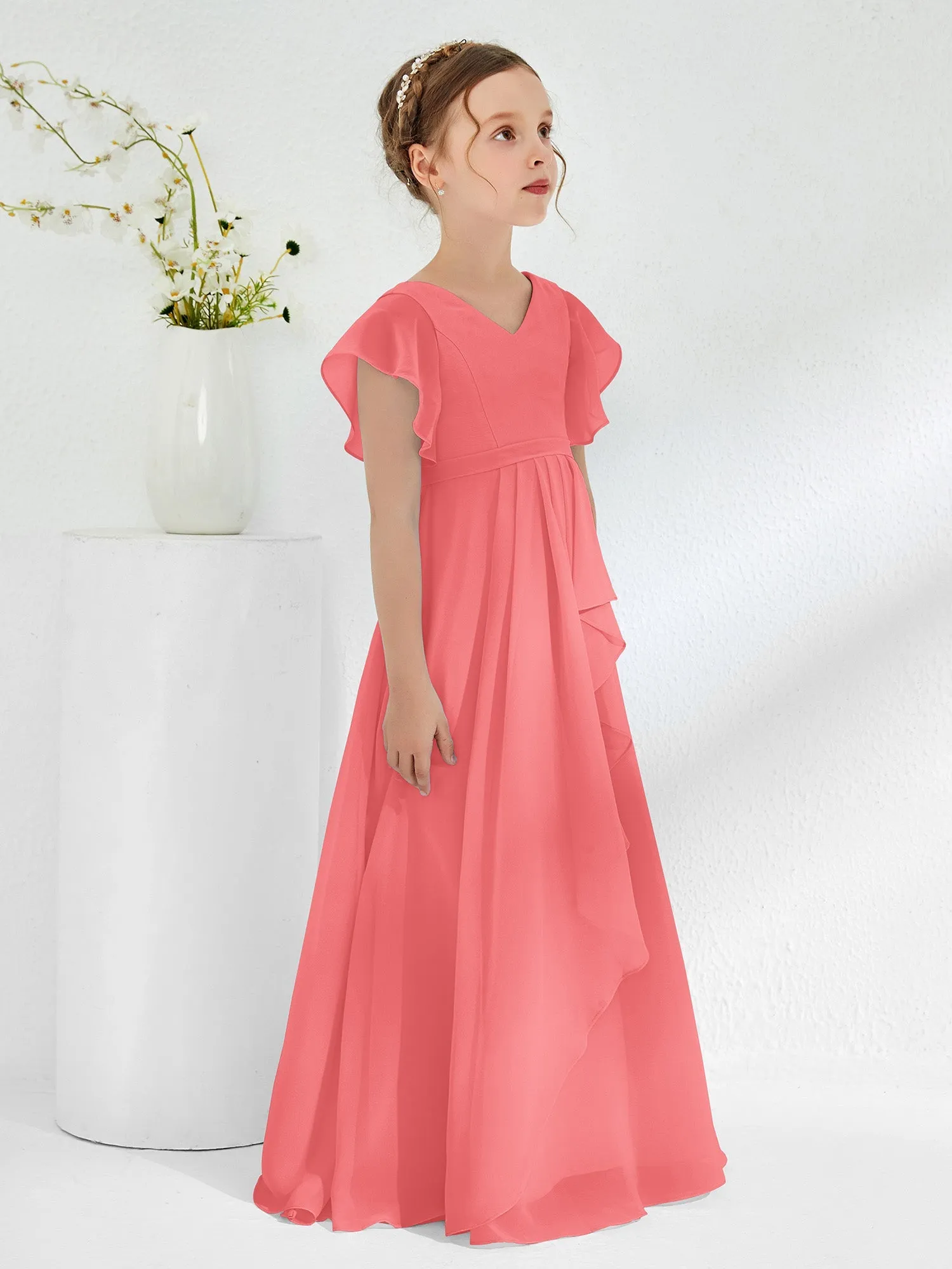 A-line Flutter Sleeves Junior Bridesmaid Dresses Watermelon