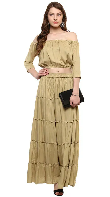 Aawari Rayon Two Piece Prom Dress For Girls and Women Beige-AM083-Beige