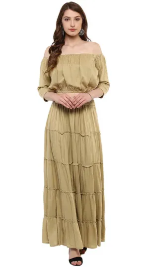 Aawari Rayon Two Piece Prom Dress For Girls and Women Beige-AM083-Beige
