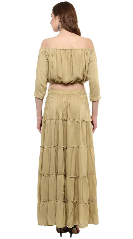Aawari Rayon Two Piece Prom Dress For Girls and Women Beige-AM083-Beige