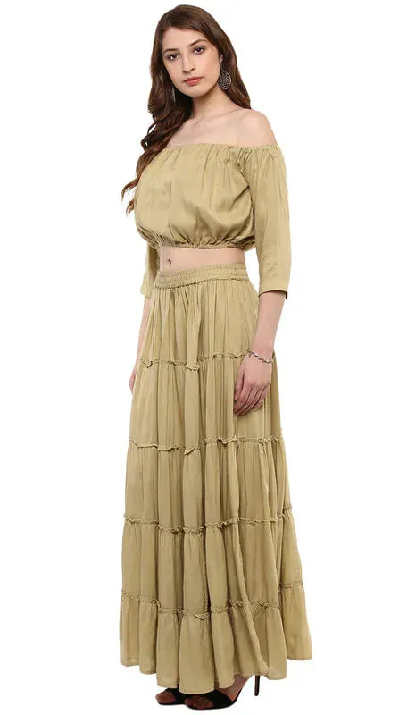Aawari Rayon Two Piece Prom Dress For Girls and Women Beige-AM083-Beige