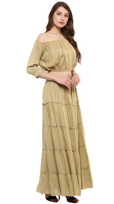 Aawari Rayon Two Piece Prom Dress For Girls and Women Beige-AM083-Beige