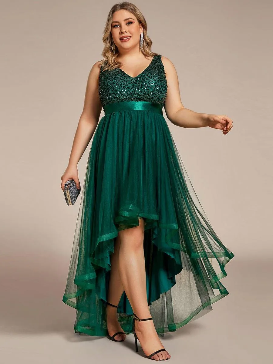 Abia | Plus Size Sleeveless Sequin Ribbon Waist Tulle High Low Evening Dress