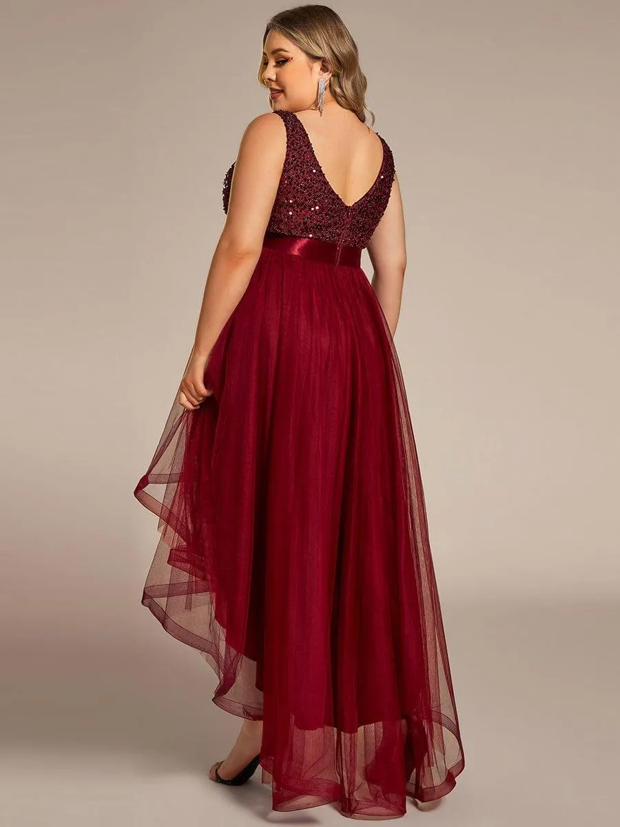 Abia | Plus Size Sleeveless Sequin Ribbon Waist Tulle High Low Evening Dress