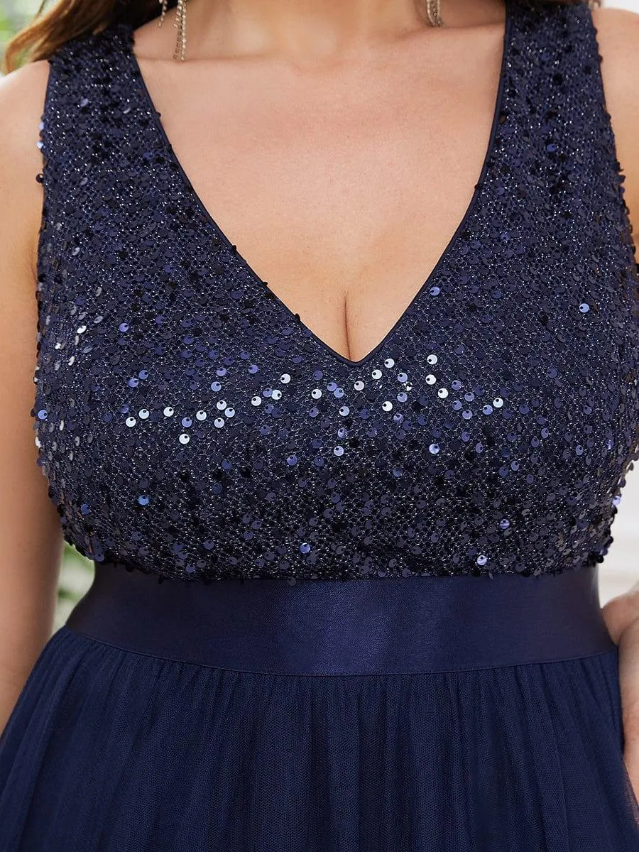 Abia | Plus Size Sleeveless Sequin Ribbon Waist Tulle High Low Evening Dress