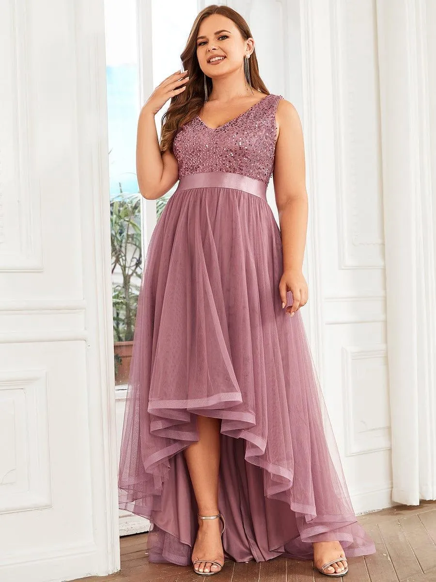 Abia | Plus Size Sleeveless Sequin Ribbon Waist Tulle High Low Evening Dress