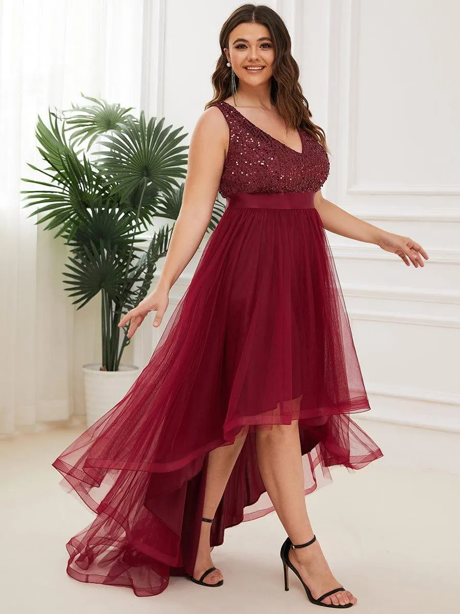 Abia | Plus Size Sleeveless Sequin Ribbon Waist Tulle High Low Evening Dress
