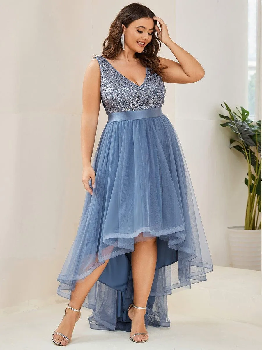 Abia | Plus Size Sleeveless Sequin Ribbon Waist Tulle High Low Evening Dress
