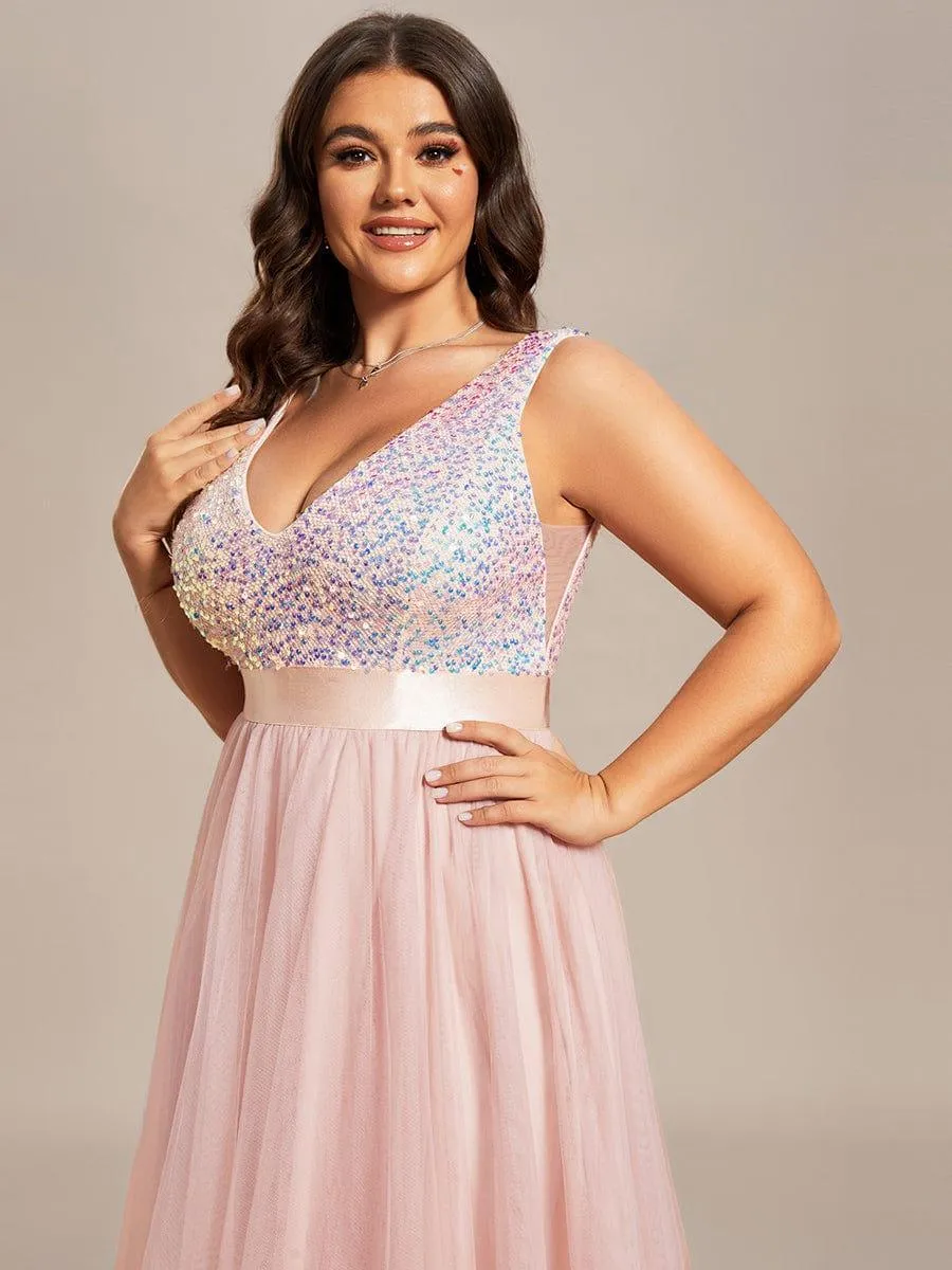 Abia | Plus Size Sleeveless Sequin Ribbon Waist Tulle High Low Evening Dress