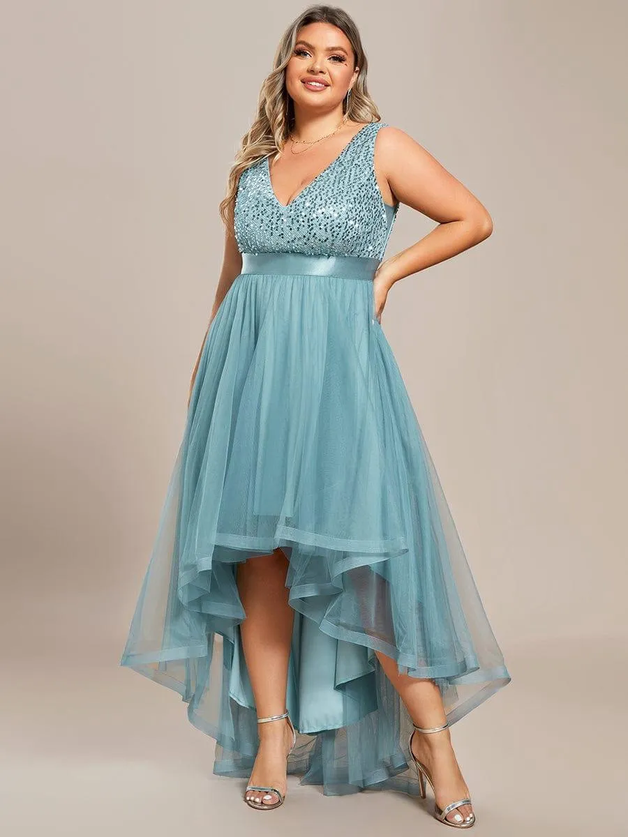 Abia | Plus Size Sleeveless Sequin Ribbon Waist Tulle High Low Evening Dress