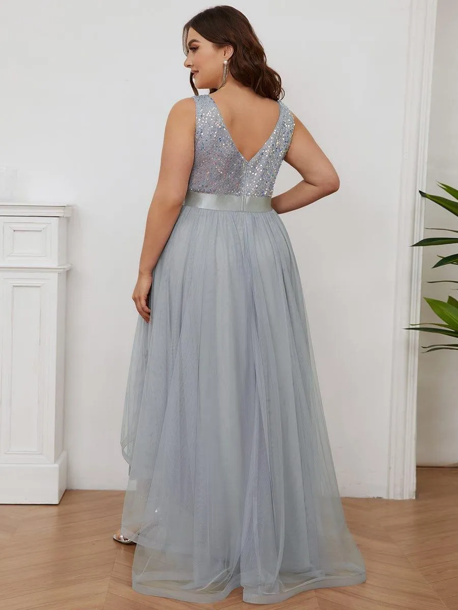 Abia | Plus Size Sleeveless Sequin Ribbon Waist Tulle High Low Evening Dress