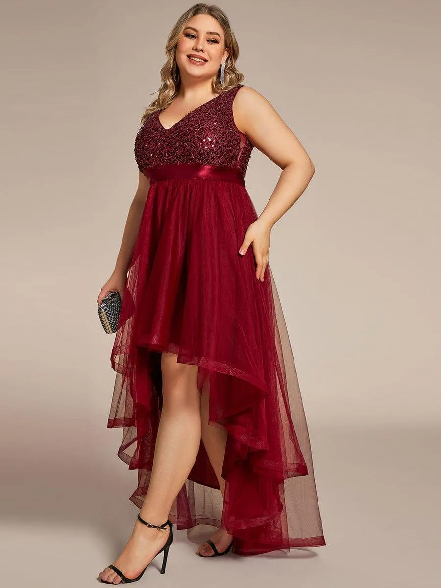 Abia | Plus Size Sleeveless Sequin Ribbon Waist Tulle High Low Evening Dress