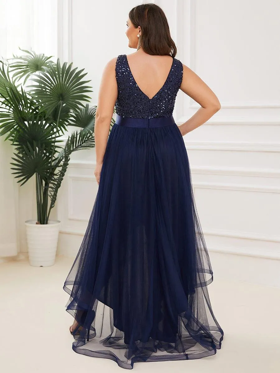 Abia | Plus Size Sleeveless Sequin Ribbon Waist Tulle High Low Evening Dress