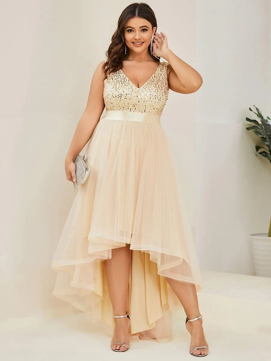Abia | Plus Size Sleeveless Sequin Ribbon Waist Tulle High Low Evening Dress