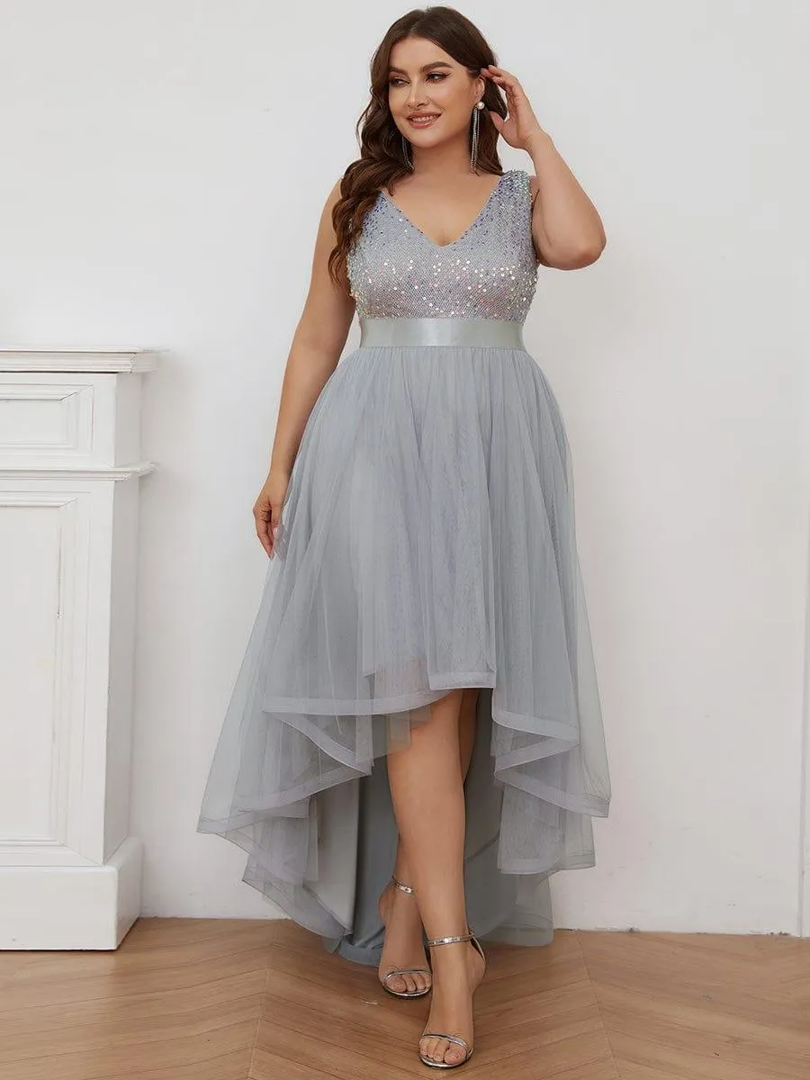 Abia | Plus Size Sleeveless Sequin Ribbon Waist Tulle High Low Evening Dress