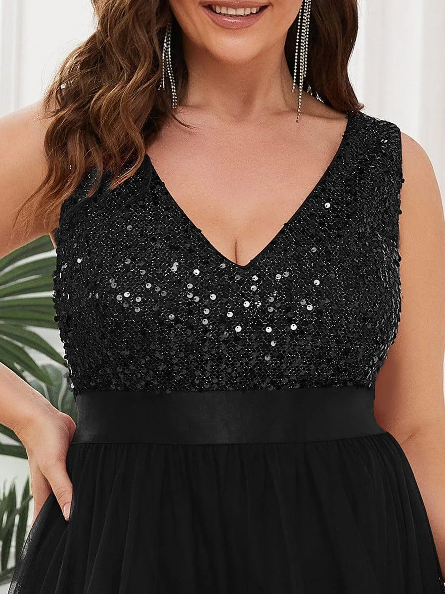 Abia | Plus Size Sleeveless Sequin Ribbon Waist Tulle High Low Evening Dress