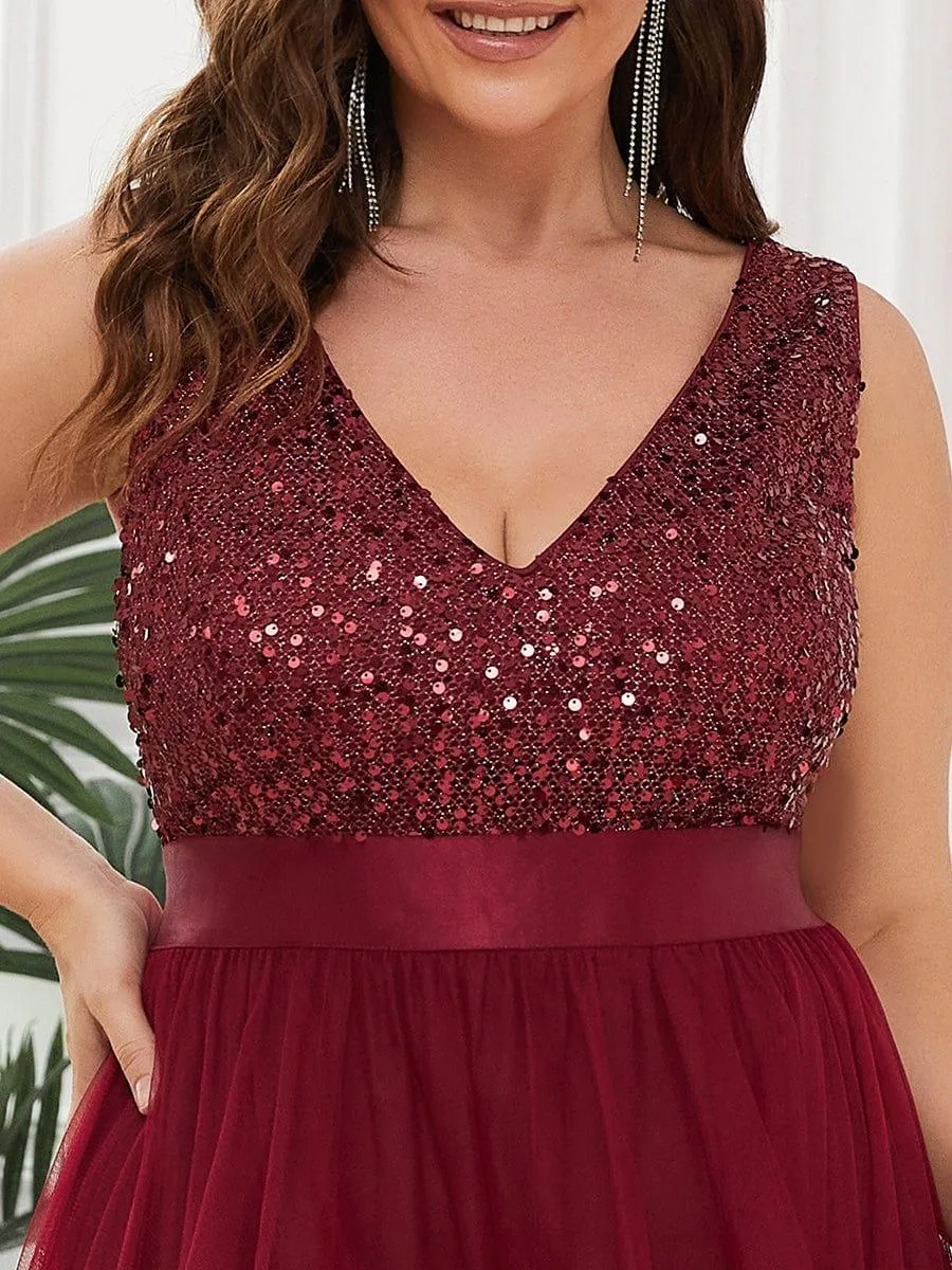 Abia | Plus Size Sleeveless Sequin Ribbon Waist Tulle High Low Evening Dress
