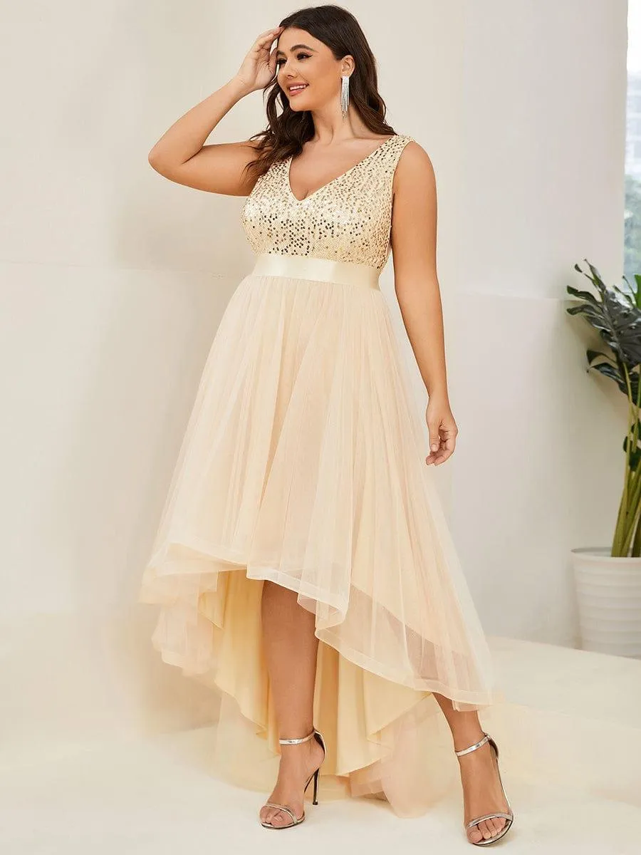 Abia | Plus Size Sleeveless Sequin Ribbon Waist Tulle High Low Evening Dress