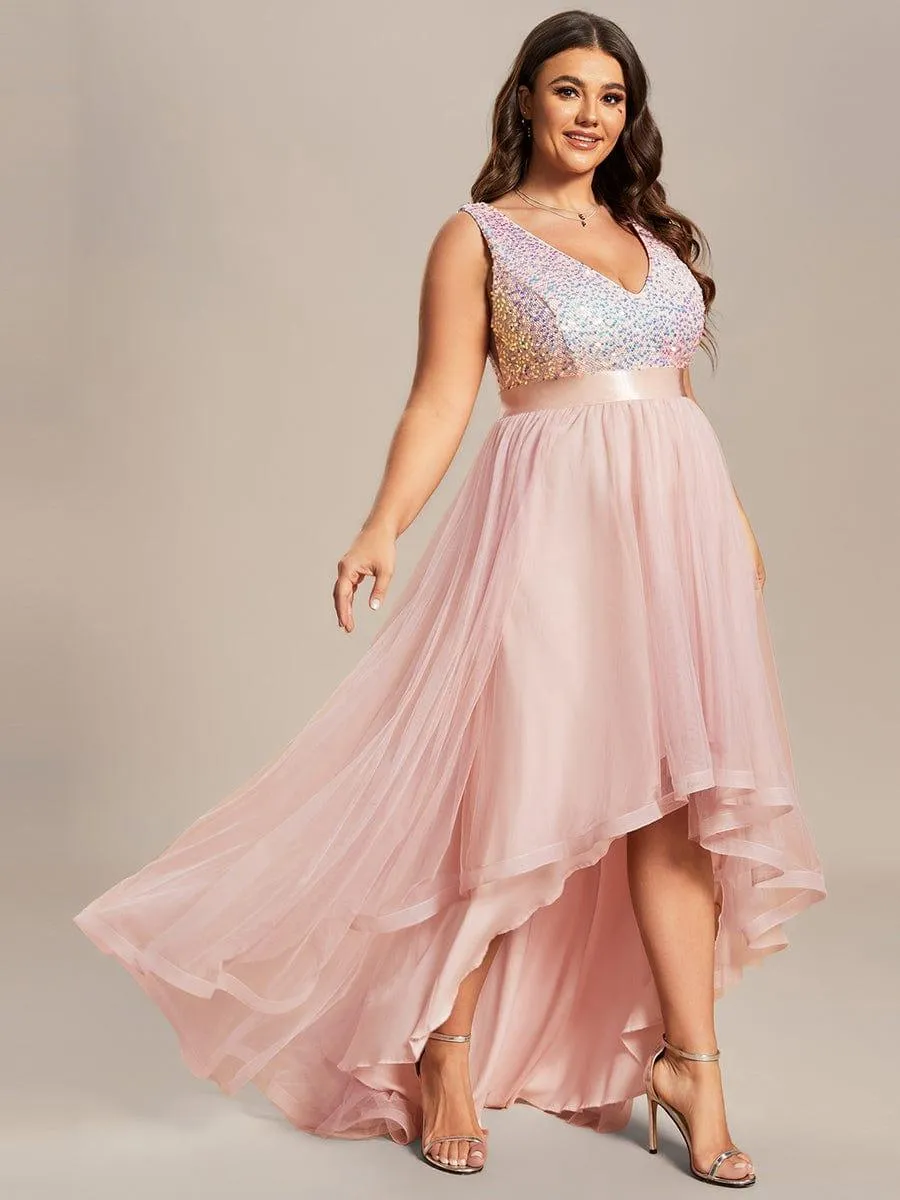 Abia | Plus Size Sleeveless Sequin Ribbon Waist Tulle High Low Evening Dress
