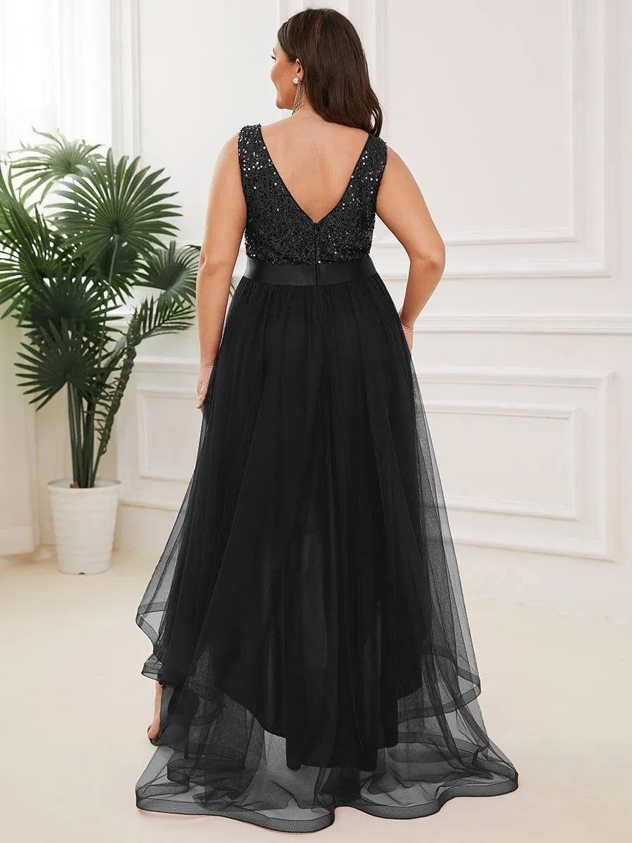 Abia | Plus Size Sleeveless Sequin Ribbon Waist Tulle High Low Evening Dress