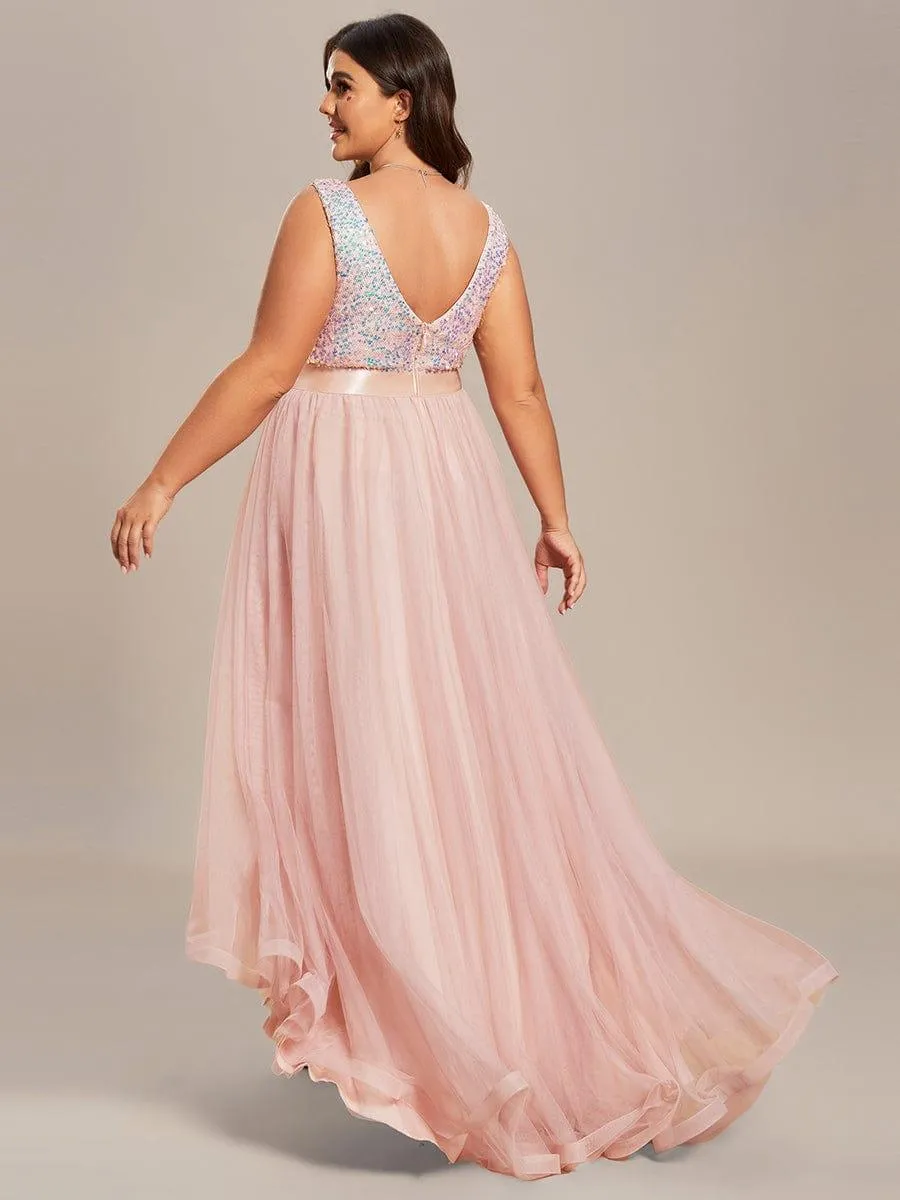 Abia | Plus Size Sleeveless Sequin Ribbon Waist Tulle High Low Evening Dress