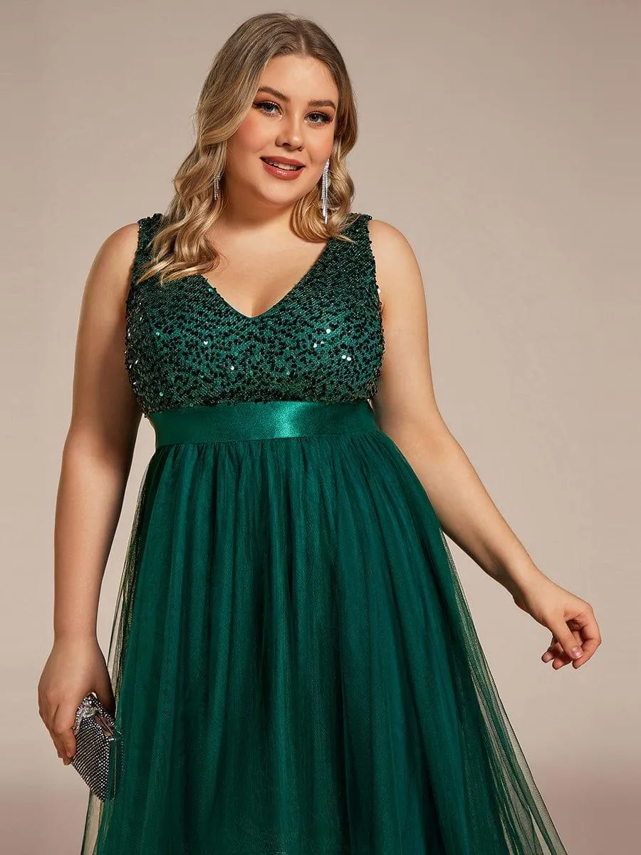 Abia | Plus Size Sleeveless Sequin Ribbon Waist Tulle High Low Evening Dress