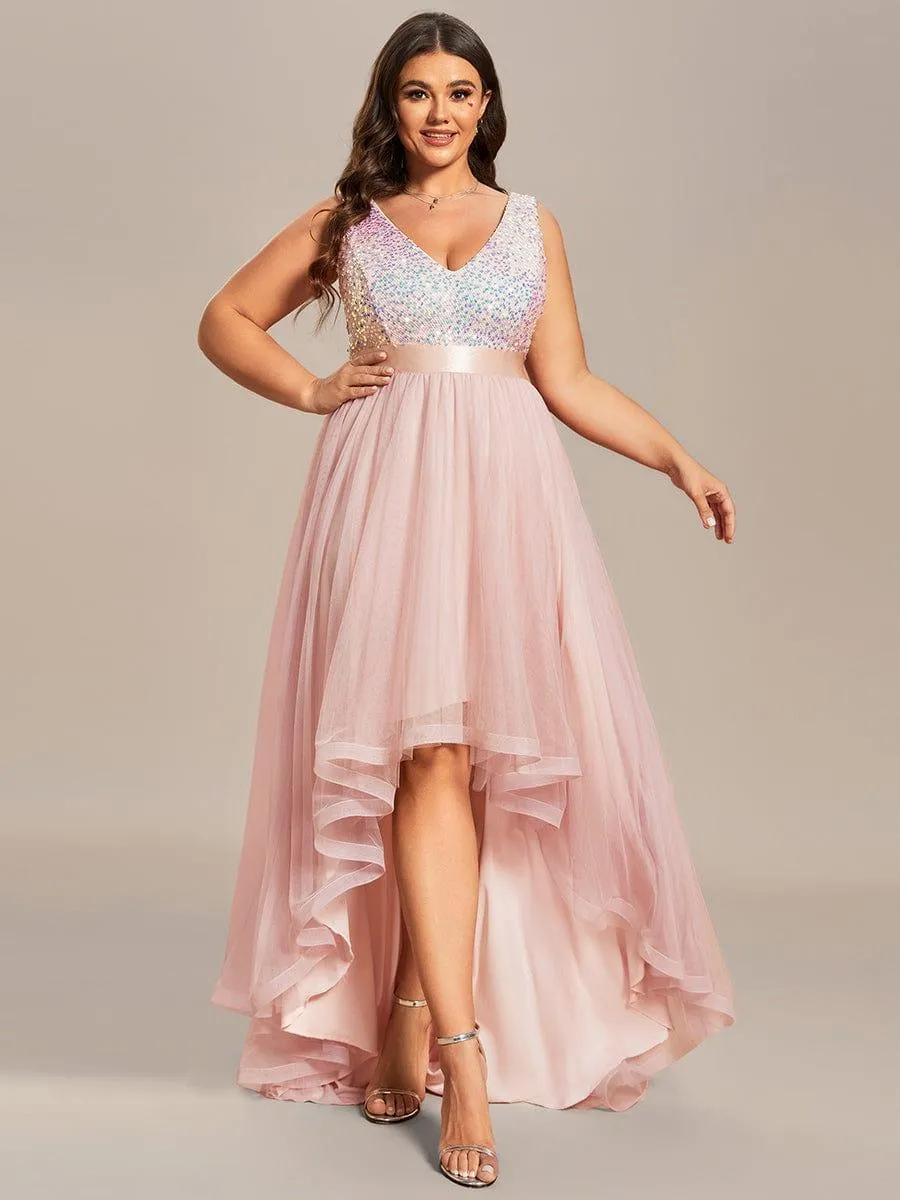 Abia | Plus Size Sleeveless Sequin Ribbon Waist Tulle High Low Evening Dress