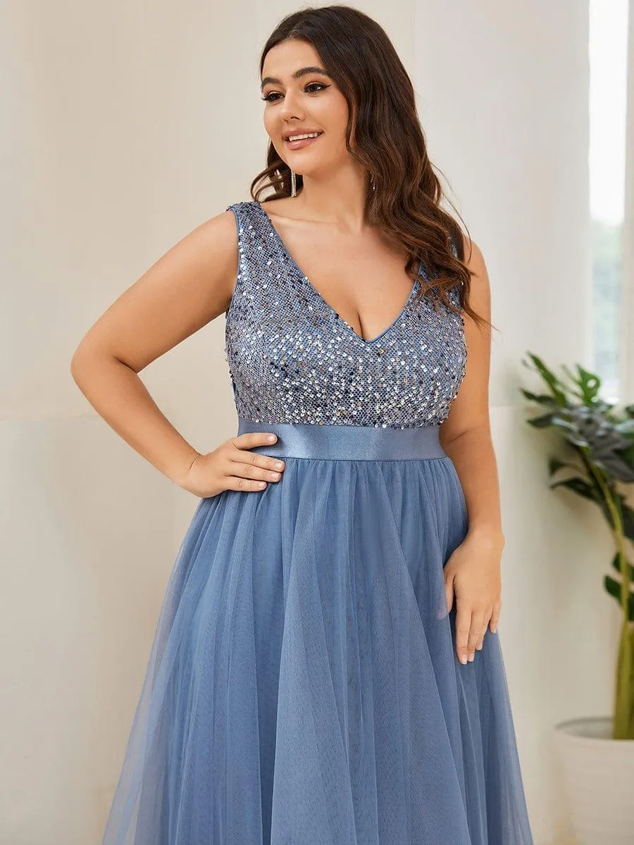 Abia | Plus Size Sleeveless Sequin Ribbon Waist Tulle High Low Evening Dress