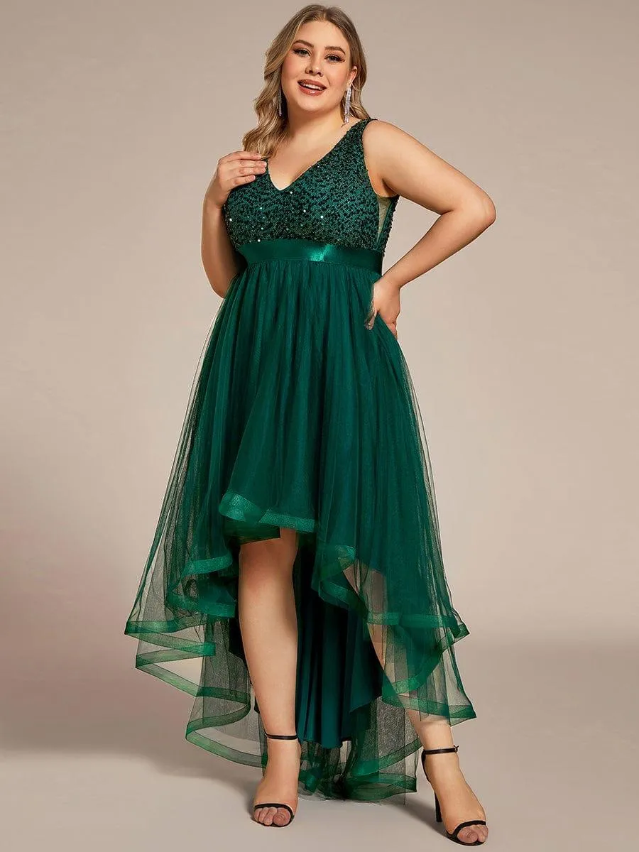 Abia | Plus Size Sleeveless Sequin Ribbon Waist Tulle High Low Evening Dress
