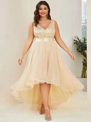 Abia | Plus Size Sleeveless Sequin Ribbon Waist Tulle High Low Evening Dress