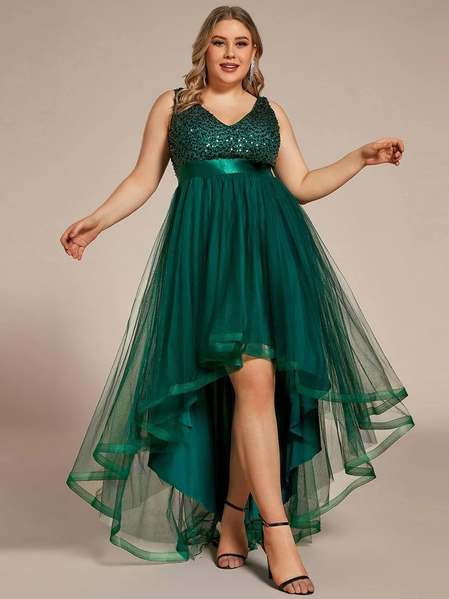 Abia | Plus Size Sleeveless Sequin Ribbon Waist Tulle High Low Evening Dress