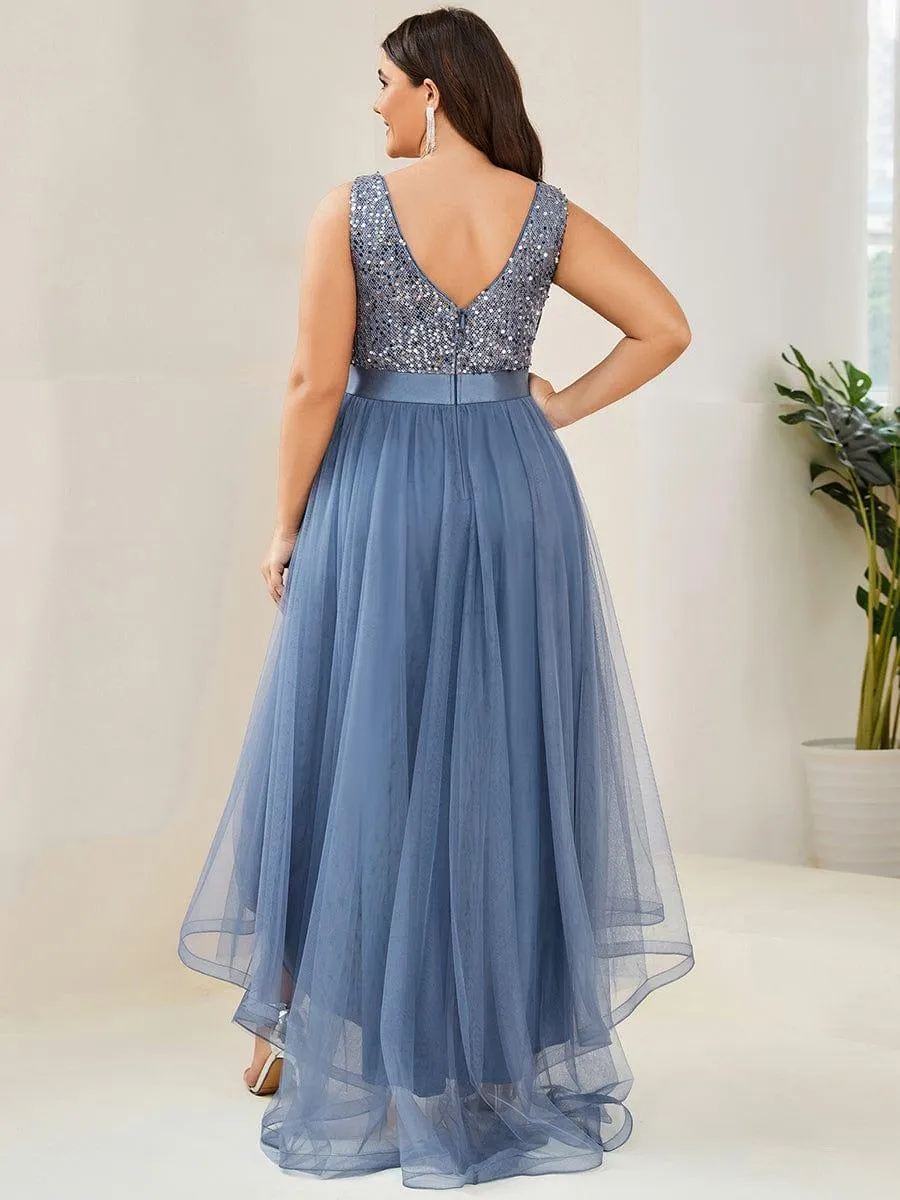 Abia | Plus Size Sleeveless Sequin Ribbon Waist Tulle High Low Evening Dress