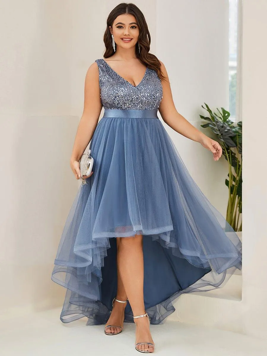 Abia | Plus Size Sleeveless Sequin Ribbon Waist Tulle High Low Evening Dress