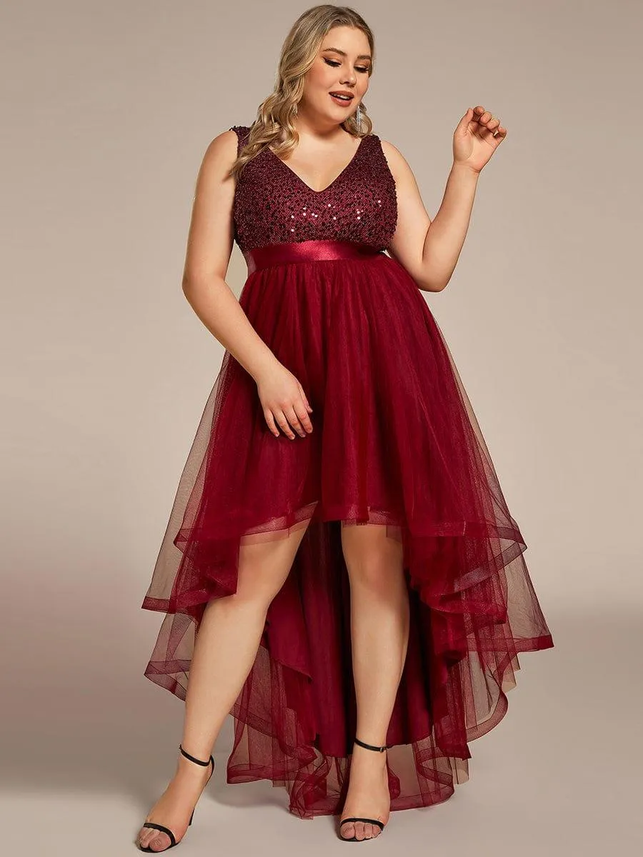 Abia | Plus Size Sleeveless Sequin Ribbon Waist Tulle High Low Evening Dress