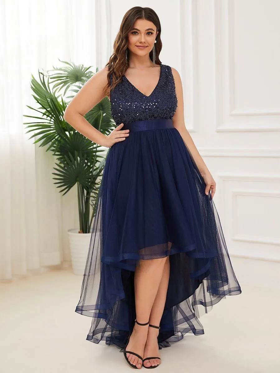 Abia | Plus Size Sleeveless Sequin Ribbon Waist Tulle High Low Evening Dress