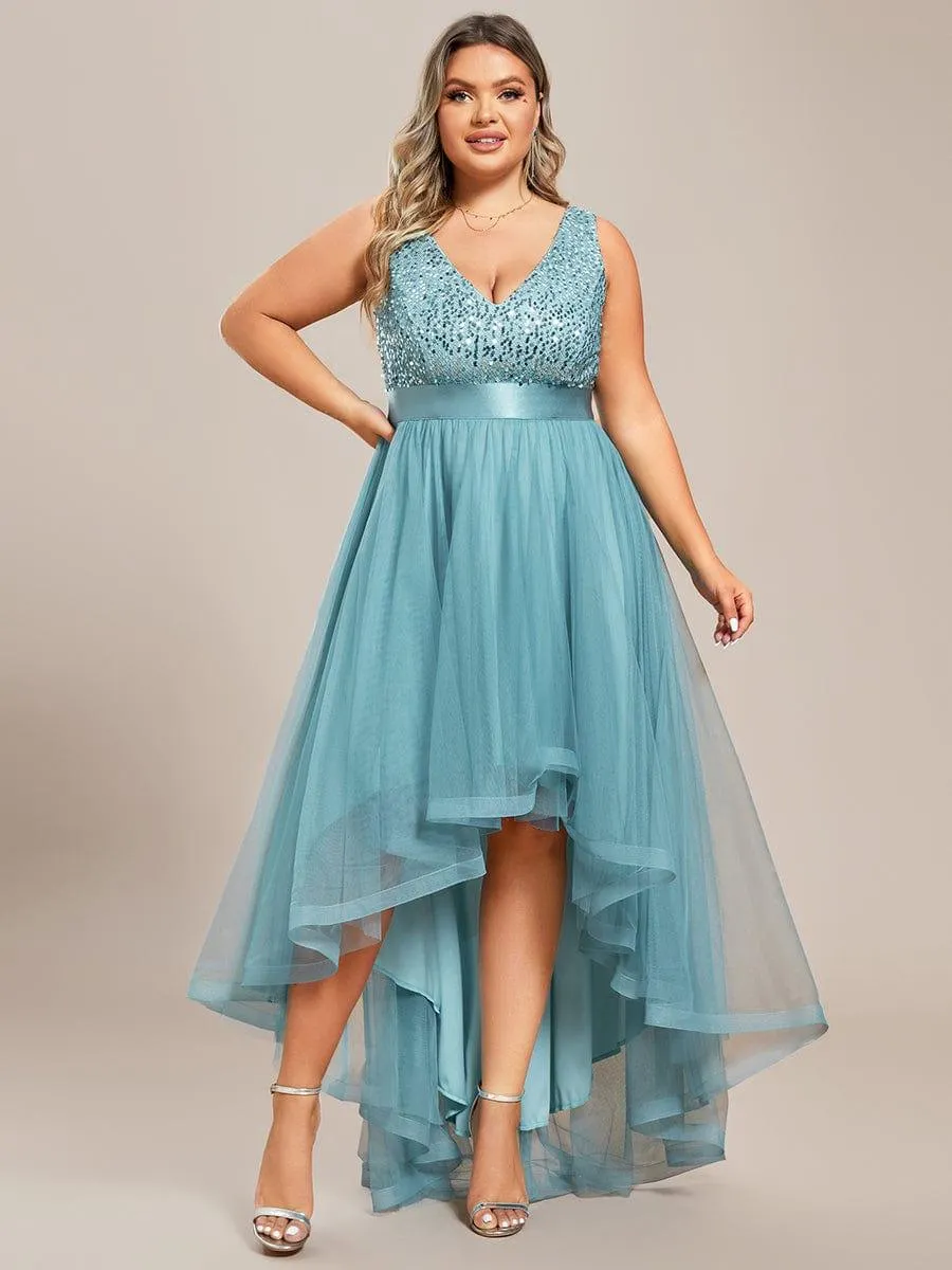 Abia | Plus Size Sleeveless Sequin Ribbon Waist Tulle High Low Evening Dress