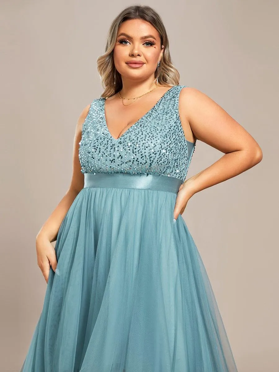 Abia | Plus Size Sleeveless Sequin Ribbon Waist Tulle High Low Evening Dress