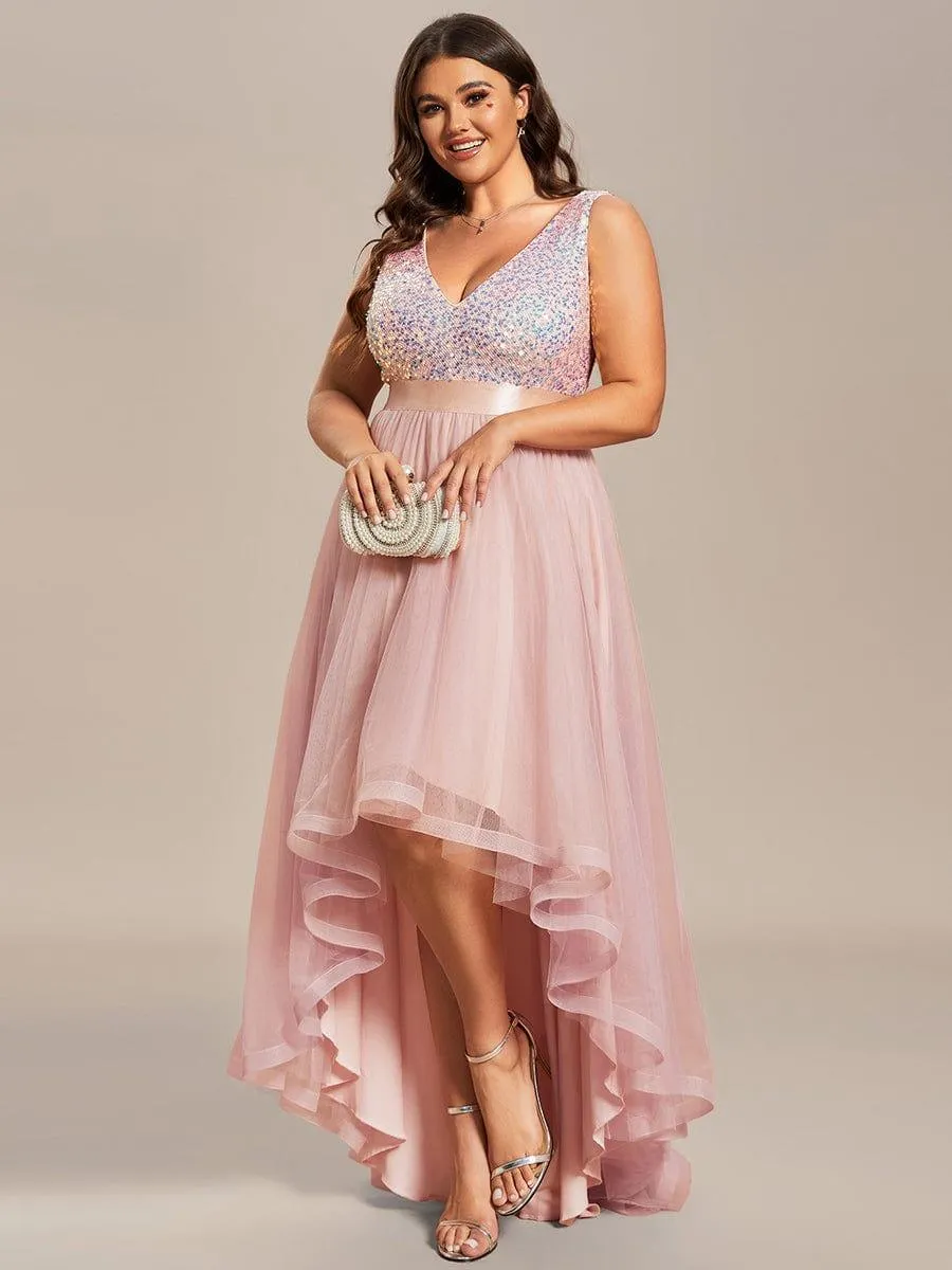Abia | Plus Size Sleeveless Sequin Ribbon Waist Tulle High Low Evening Dress