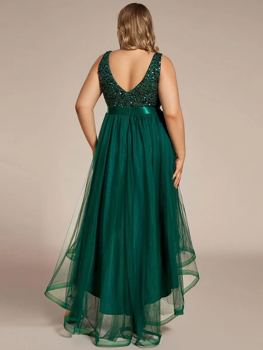 Abia | Plus Size Sleeveless Sequin Ribbon Waist Tulle High Low Evening Dress