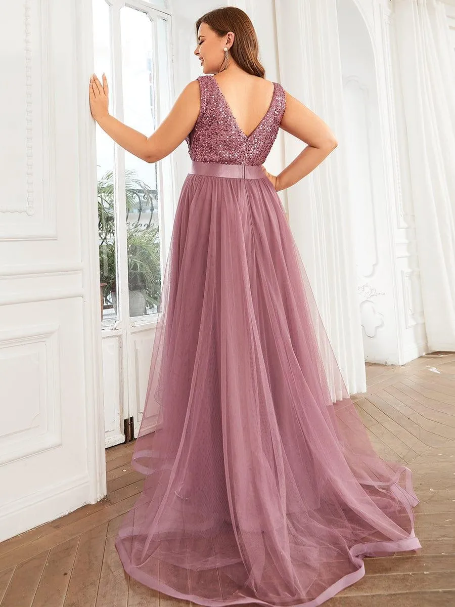 Abia | Plus Size Sleeveless Sequin Ribbon Waist Tulle High Low Evening Dress