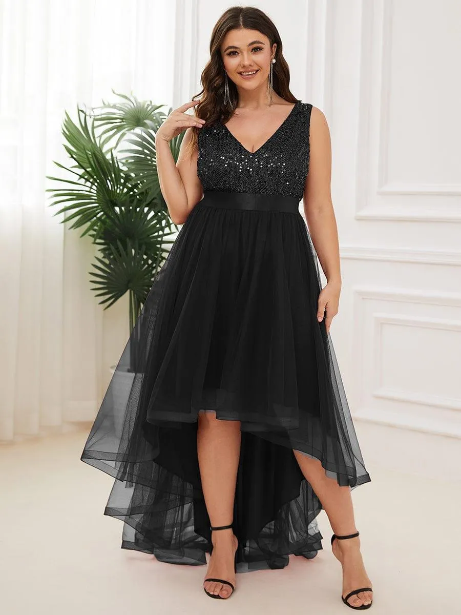 Abia | Plus Size Sleeveless Sequin Ribbon Waist Tulle High Low Evening Dress