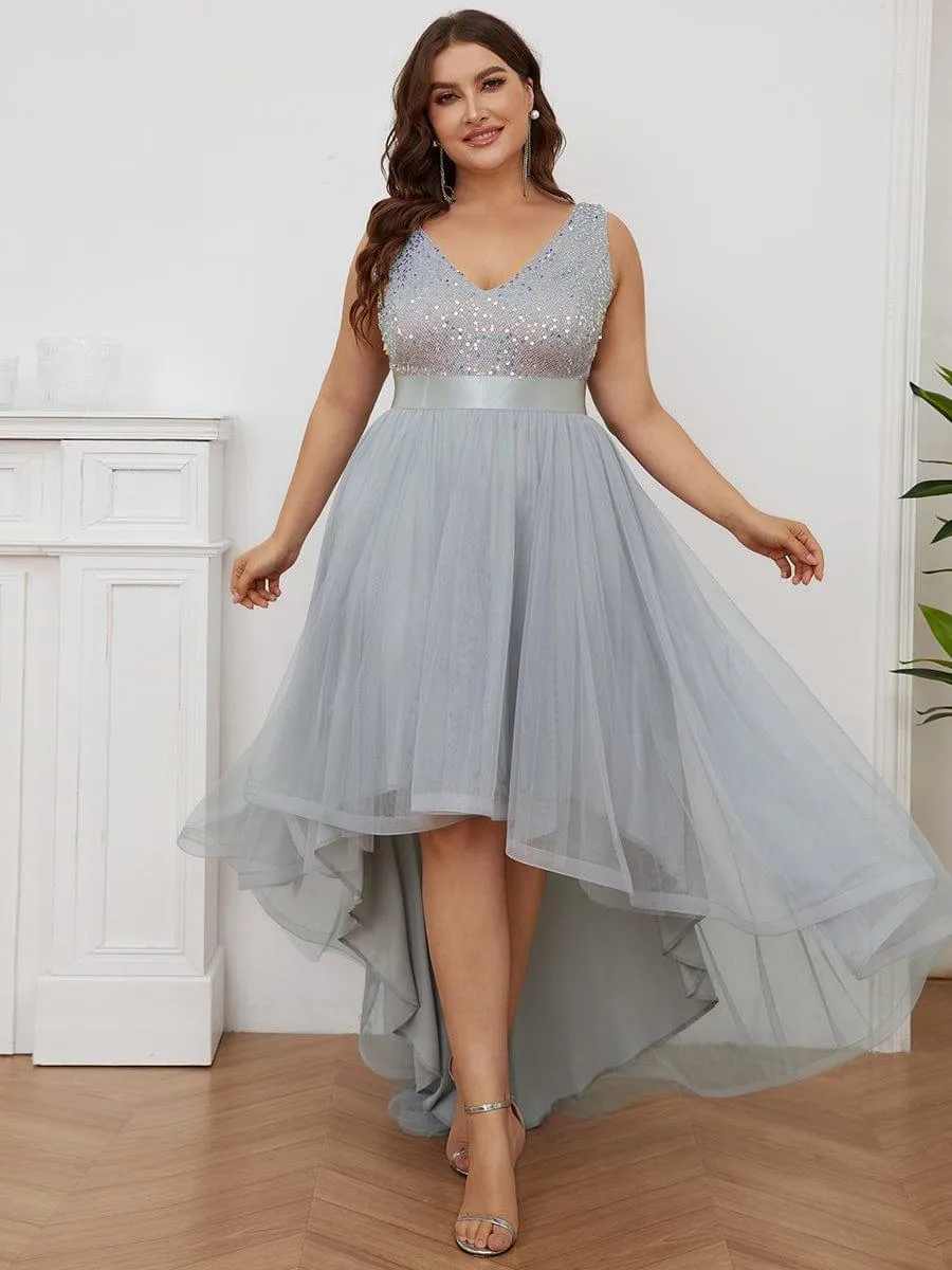 Abia | Plus Size Sleeveless Sequin Ribbon Waist Tulle High Low Evening Dress