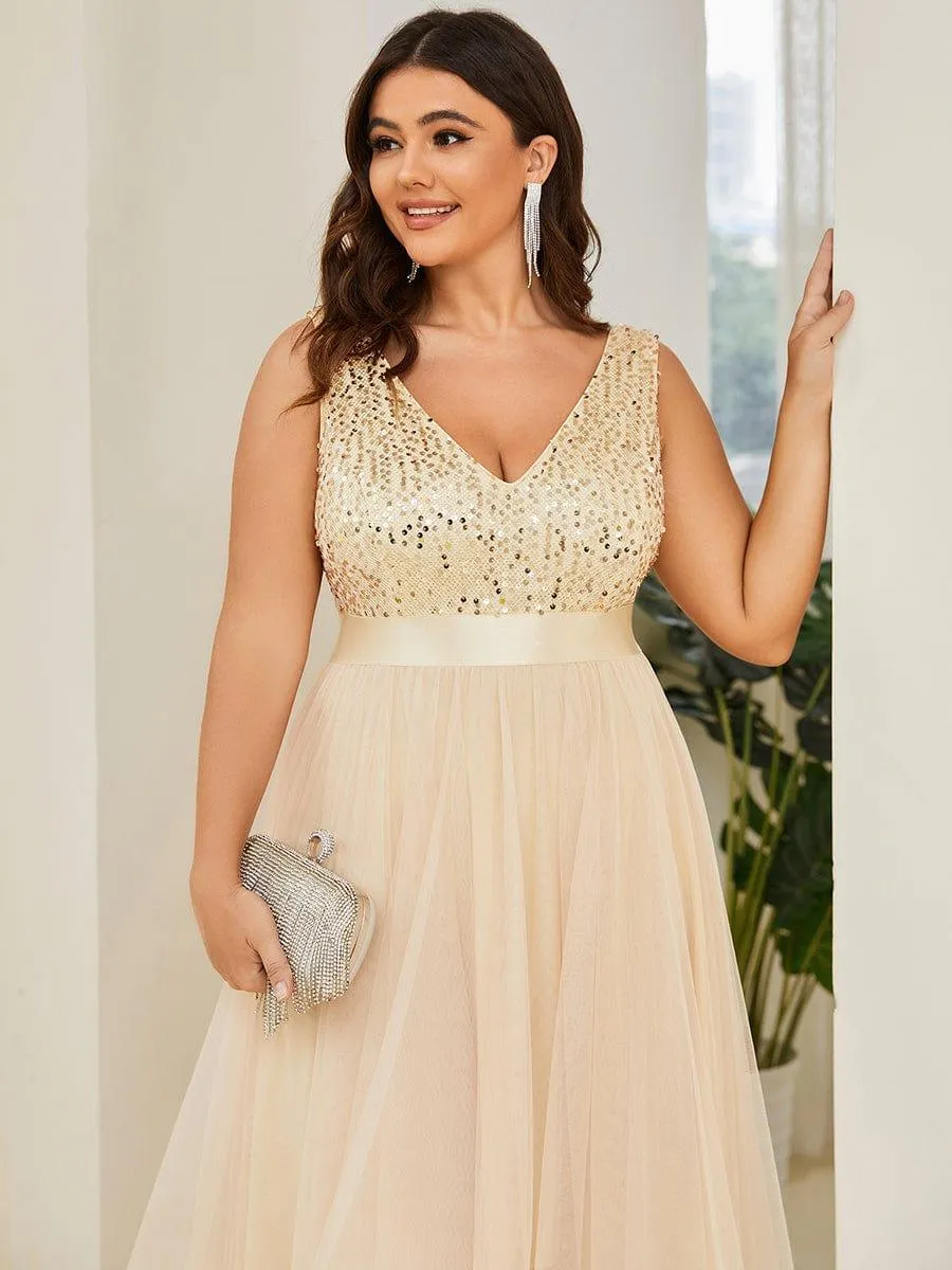 Abia | Plus Size Sleeveless Sequin Ribbon Waist Tulle High Low Evening Dress