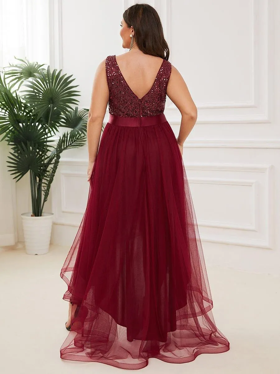 Abia | Plus Size Sleeveless Sequin Ribbon Waist Tulle High Low Evening Dress