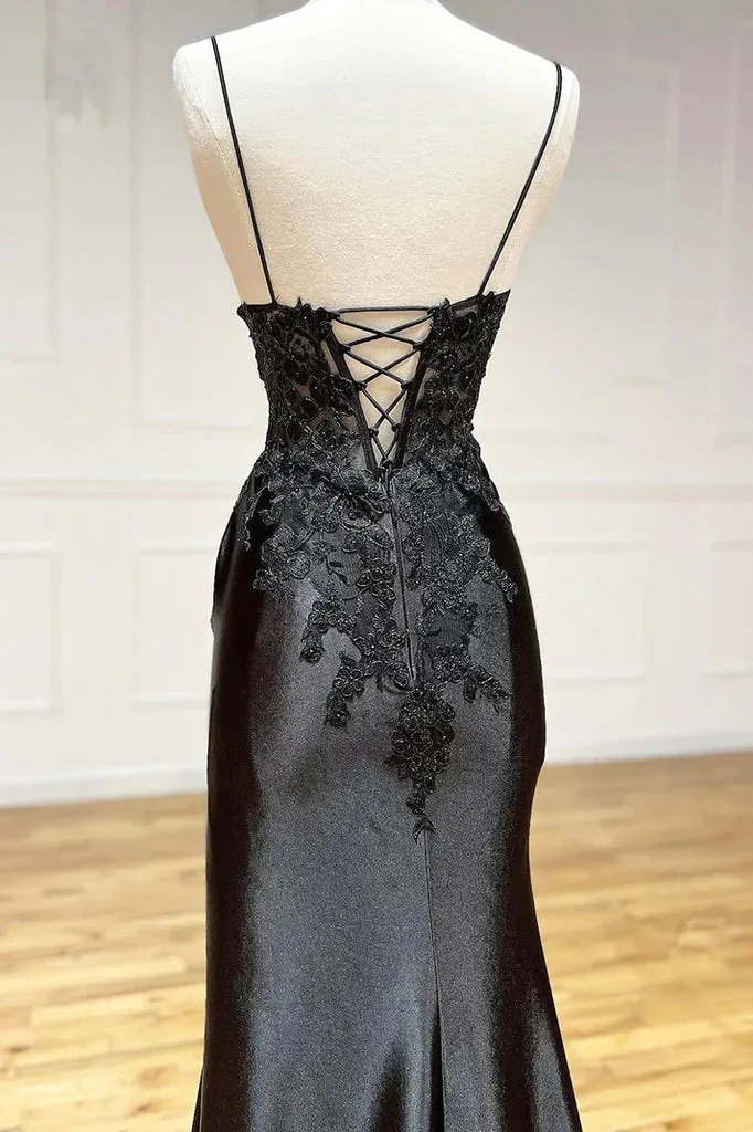 Amazing Long Black V-neck Spaghetti Straps Lace Sleeveless Prom Dress With Slit