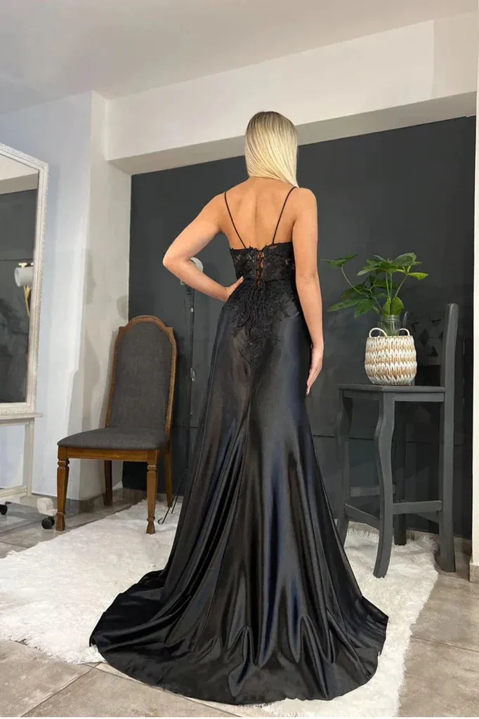 Amazing Long Black V-neck Spaghetti Straps Lace Sleeveless Prom Dress With Slit
