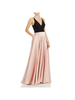 AQUA DRESSES Womens Beige Stretch Zippered Wrap Style Skirt Lined Color Block Sleeveless V Neck Full-Length Evening Gown Dress